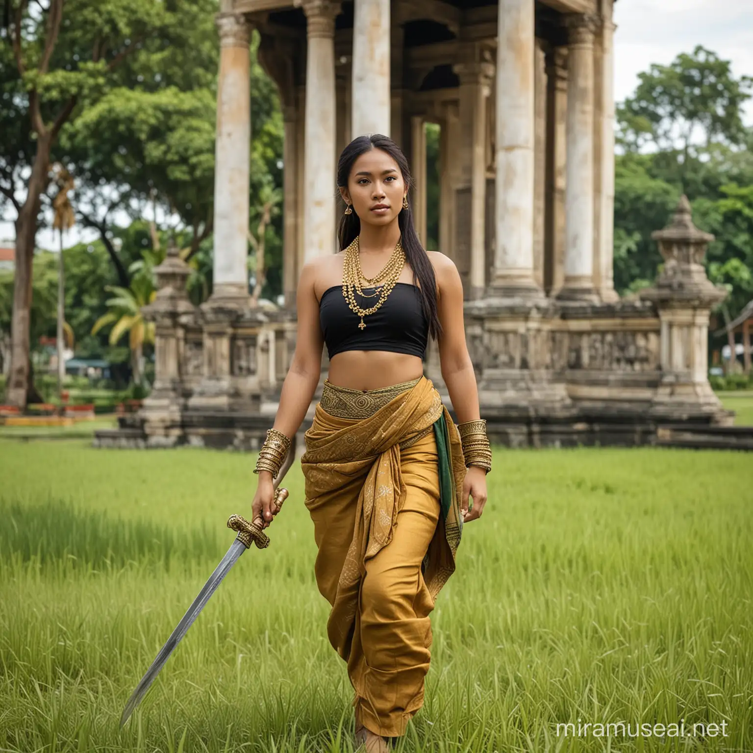 Majapahit Era Woman Warrior with Sword in Green Grass Field