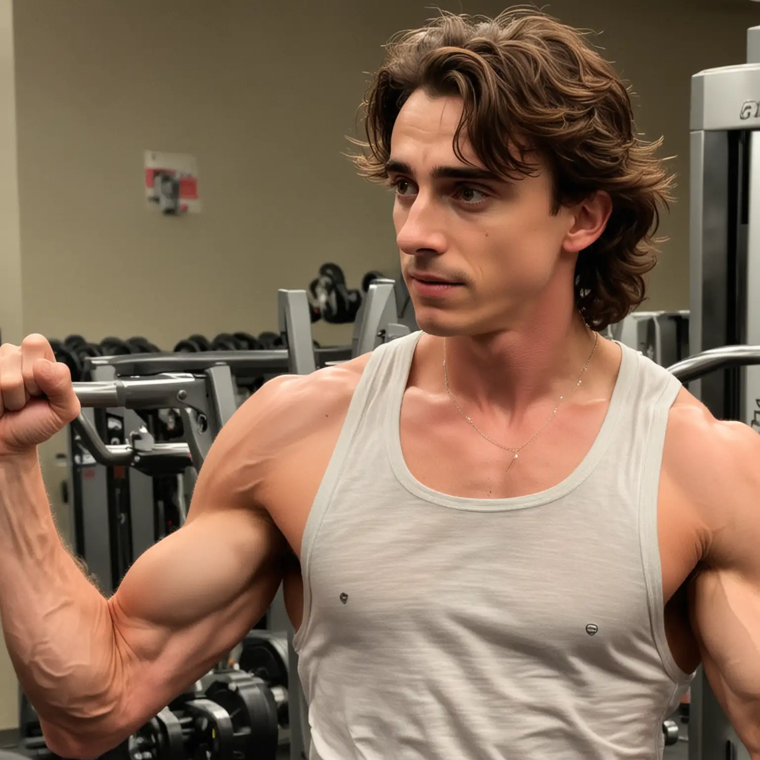 Timothee Chalamet with muscles like Arnold Schwarzenegger in a 24 hour fitness