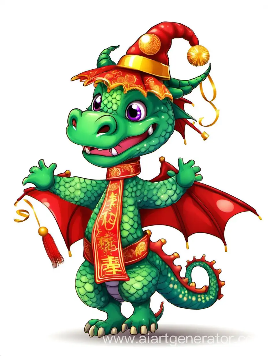 Новогодний милый дракон танцует на белом фоне диджитал арт для детей в новогодней шапке

