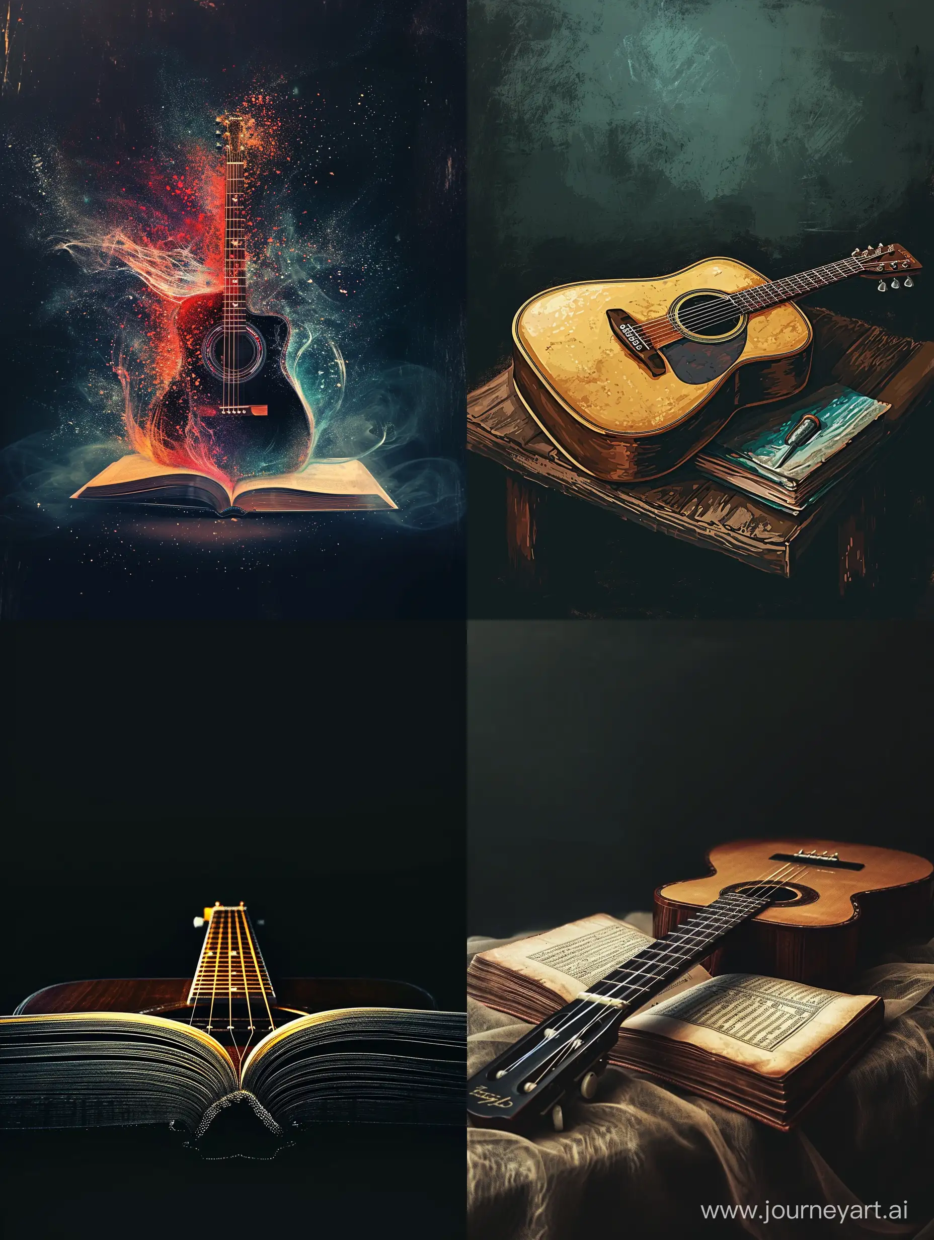 Learning tricks and secrets of acoustic guitar, scientific cover book style, dark colors