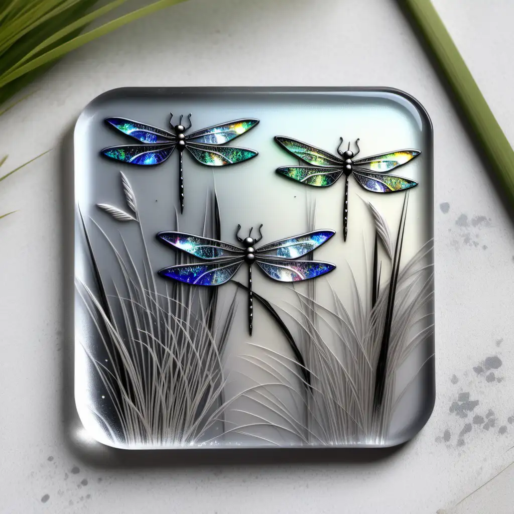 GLASS HAND DECORATed coaster
Abstract artistic design,  hand painted cute delicate dragonflies with dichroic wings, grey  reeds and grasses grey silver faded background image