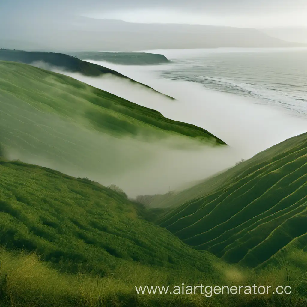 A landscape view of a green valley with mild fog, low sloped and sea with long waves being seen behind