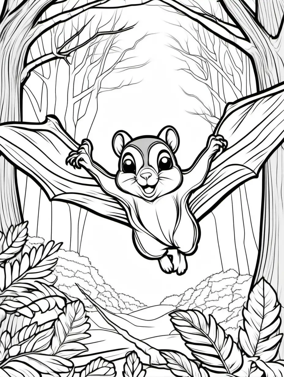 coloring page, Flying squirrel in the wildlife scene, forest, high detail, thick line, no shading