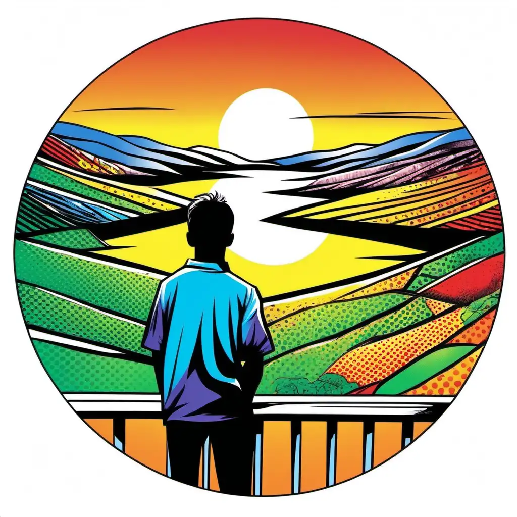 A picture of a person from behind, looking out at a scenic landscape in front of them.

Style: Comic book, 1990's. Abstract. Bright colours.
Mood: Content and/ or peaceful.

T -shirt design graphic, vector, contour, circular design, white background.