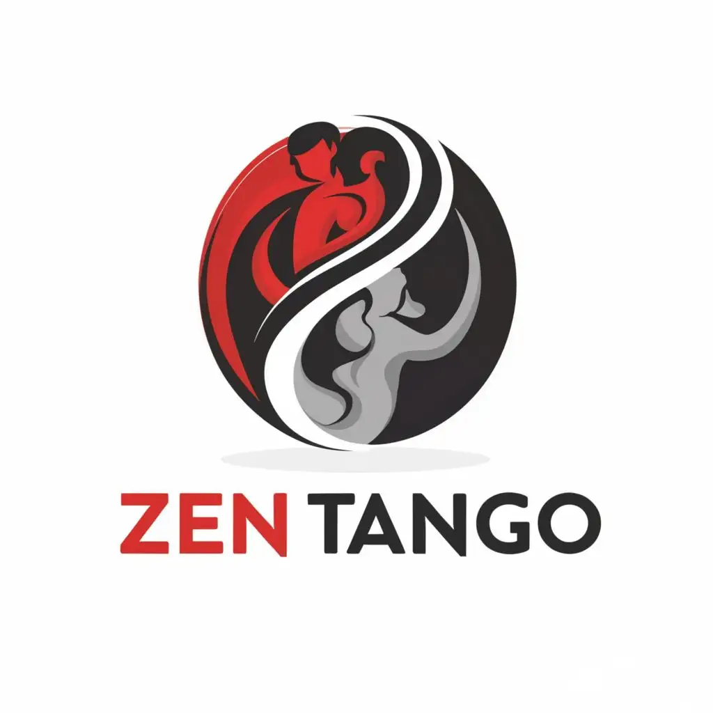 logo, Man and woman in an embrace like yin and yang symbol. With silhouette style using colour scheme red and black. Simplicity. Zen theme., with the text "Zen Tango", typography, be used in Religious industry