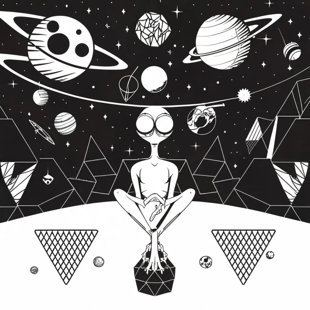 black and white illustration of planets with geometric items in the back with a alien in front smoking a rolled cigarette