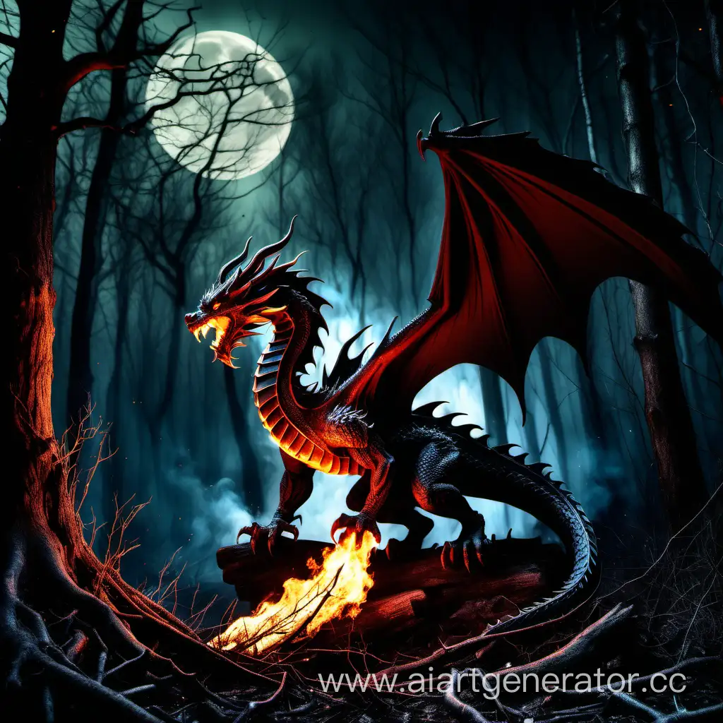 The dragon spews big flames in the dark forest, moon light
