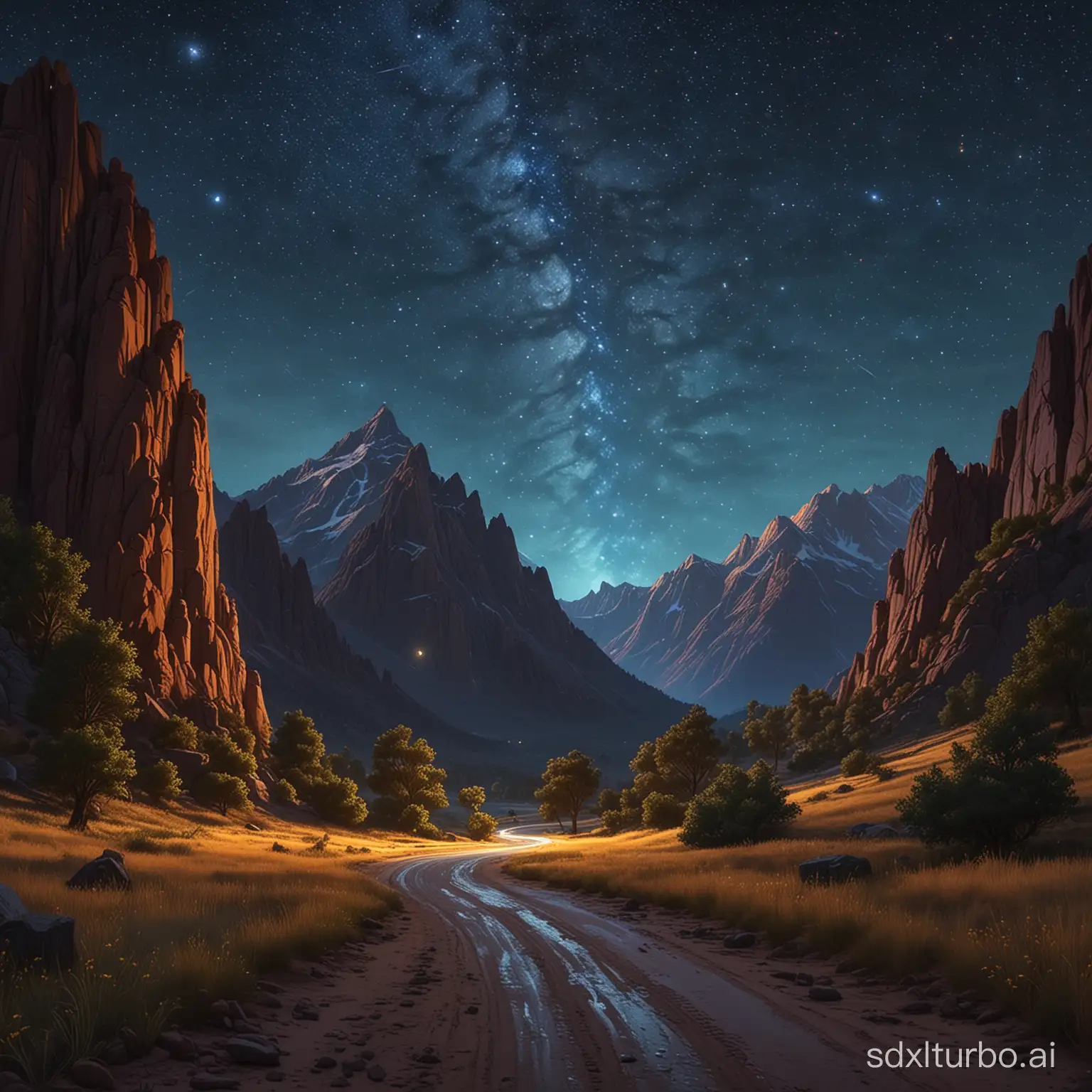 Long-exposure night photography of a starry sky over a mountain range, with light trails, extremely detailed oil painting, unreal 5 render, rhads, Bruce Pennington, Studio Ghibli, Tim Hildebrandt, digital art, Octane Render, beautiful composition, trending on ArtStation, award-winning photograph, masterpiece