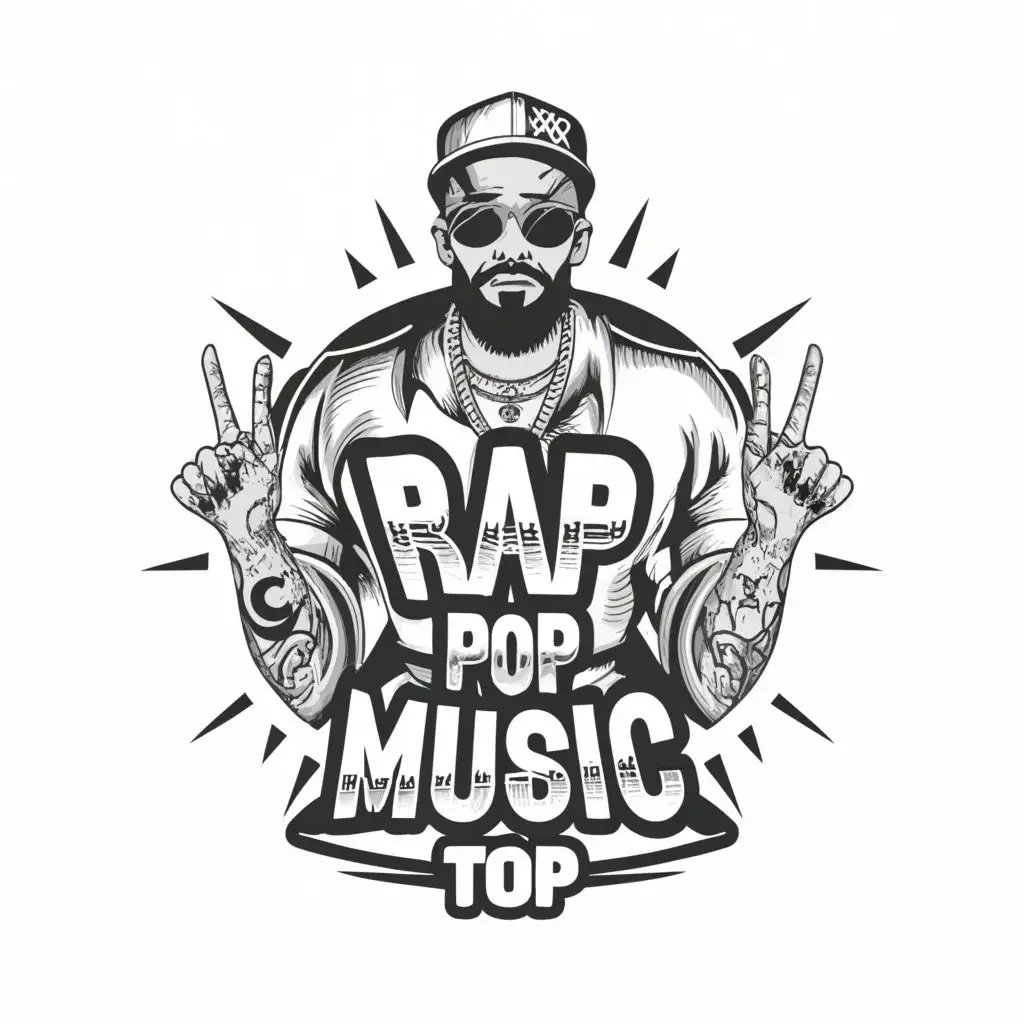 logo, abstract rapper full-length singer with a tattoo in 3d in black and white, with the text "rap pop music top", typography, be used in Entertainment industry