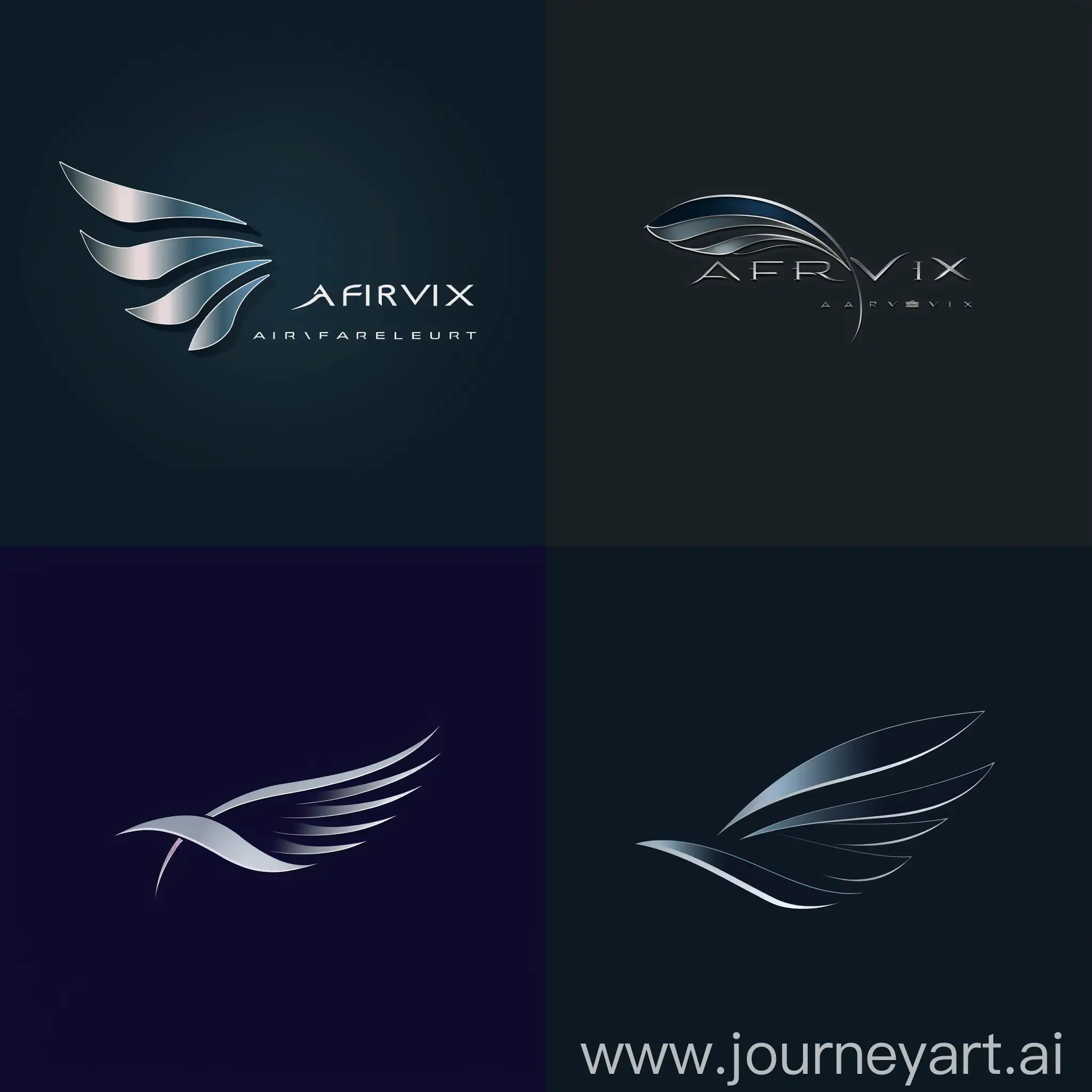 Design a sleek and dynamic logo for AeroVix, an airline that embodies elegance, innovation, and speed. Incorporate a unique symbol representing flight, such as a stylized wing or soaring bird. Choose a clean, modern font for the company name, conveying professionalism and trustworthiness. Use a color palette of dark blue for trust and stability, along with silver accents for sophistication. Keep the design minimalist, visually balanced, and versatile across different mediums. Ensure the logo reflects AeroVix's brand identity and resonates with the target audience. Seek professional feedback to capture AeroVix's essence in the aviation industry.