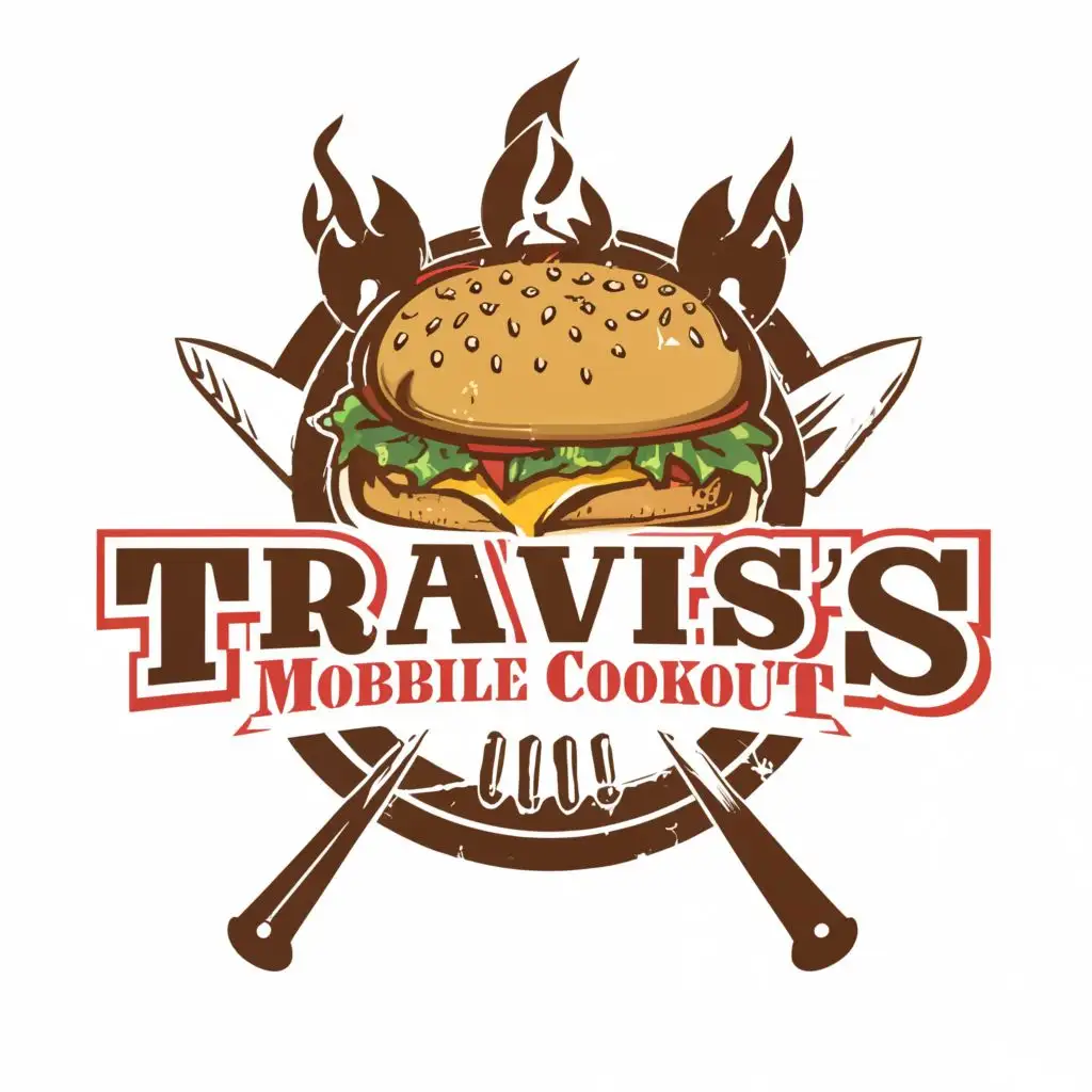 logo, burger, with the text "Travis's mobile cookout", typography