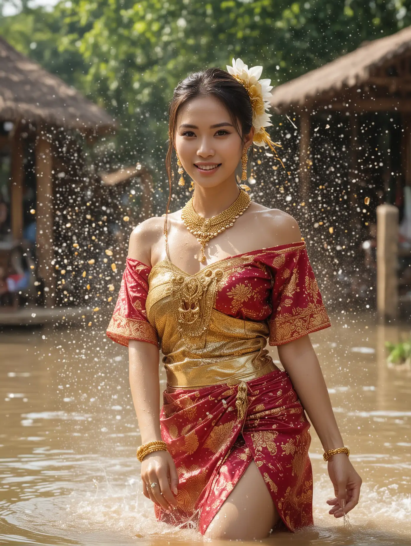 Thai Beautiful woman , in traditional Thai dress，gold accessories，exquisite facial features, facing the camera, scene during Songkran Festival, splashing water action, full body photo