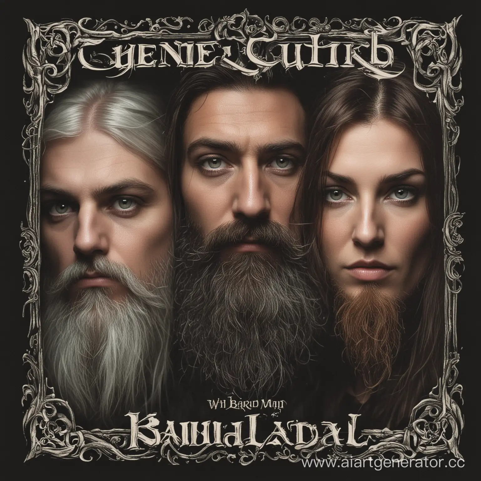 Обложка альбома для жанра Куколд-метал с бородатым мужчиной(Бороду зовут Изольда) и Викторией