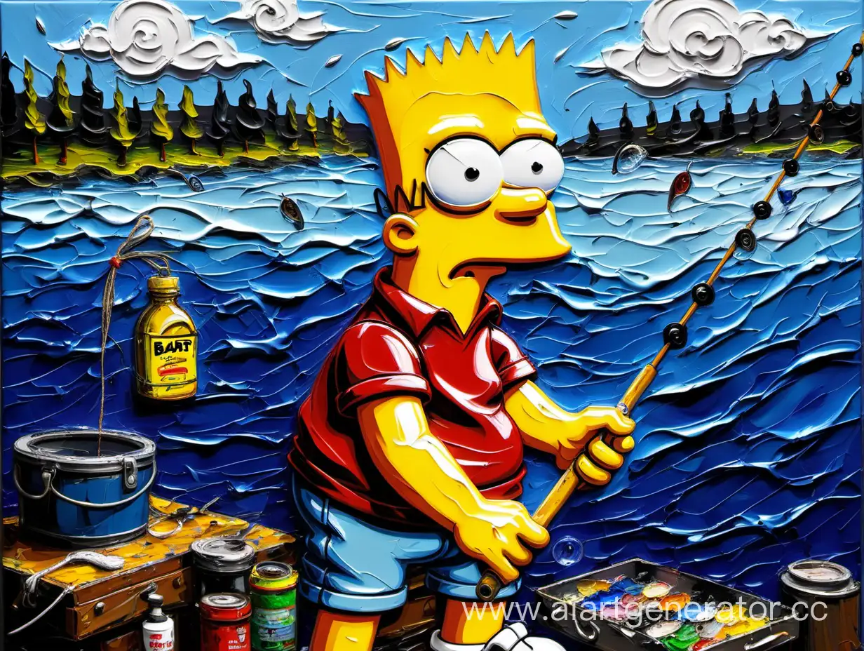 Bart Simpson fishing oil painting palette knife technique.