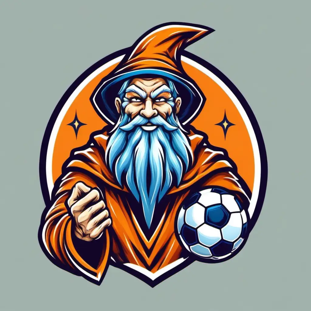 design a logo of a wizard and a soccer ball. The wizard should have an orange beard and muscles, the wizard should be smiling