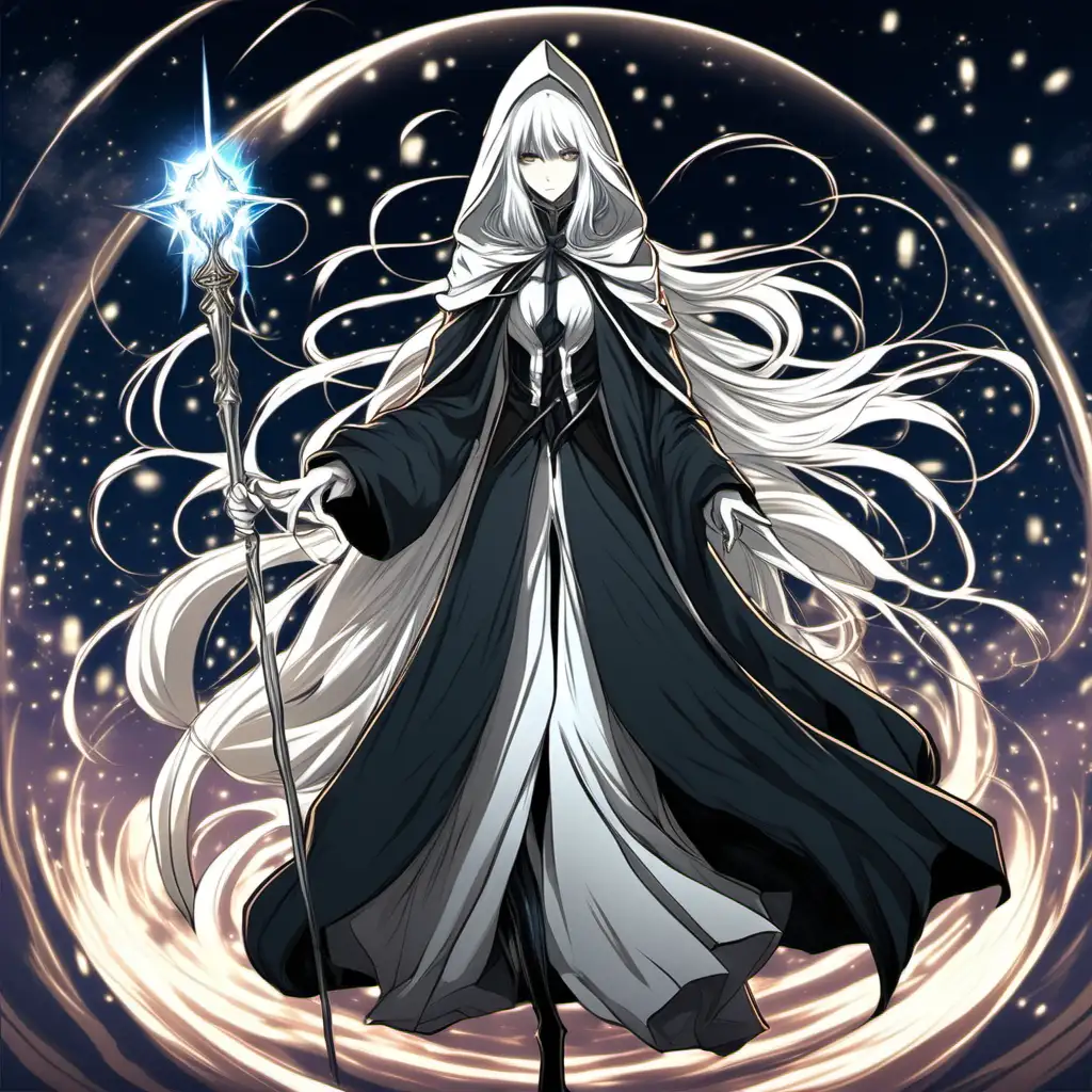 in anime style, a full body head to to image of a hooded cloaked female  with long beautiful white hair, from another magical realm, with a magical scepter, similar to Prince Vermis, in an upright walking position
