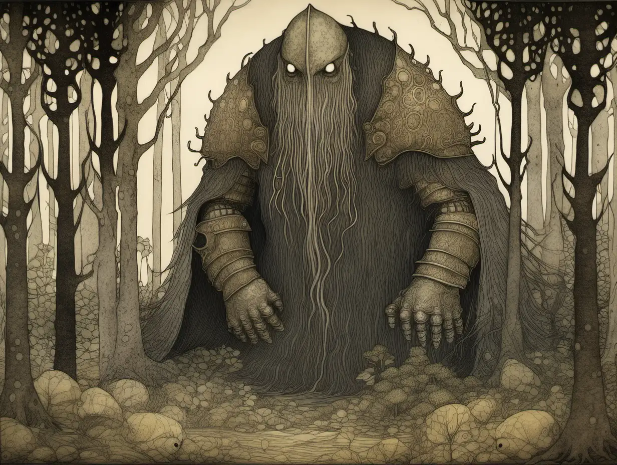 In the style of John Bauer fairytale illustration, an enormous monster hiding behind trees from an armored knight