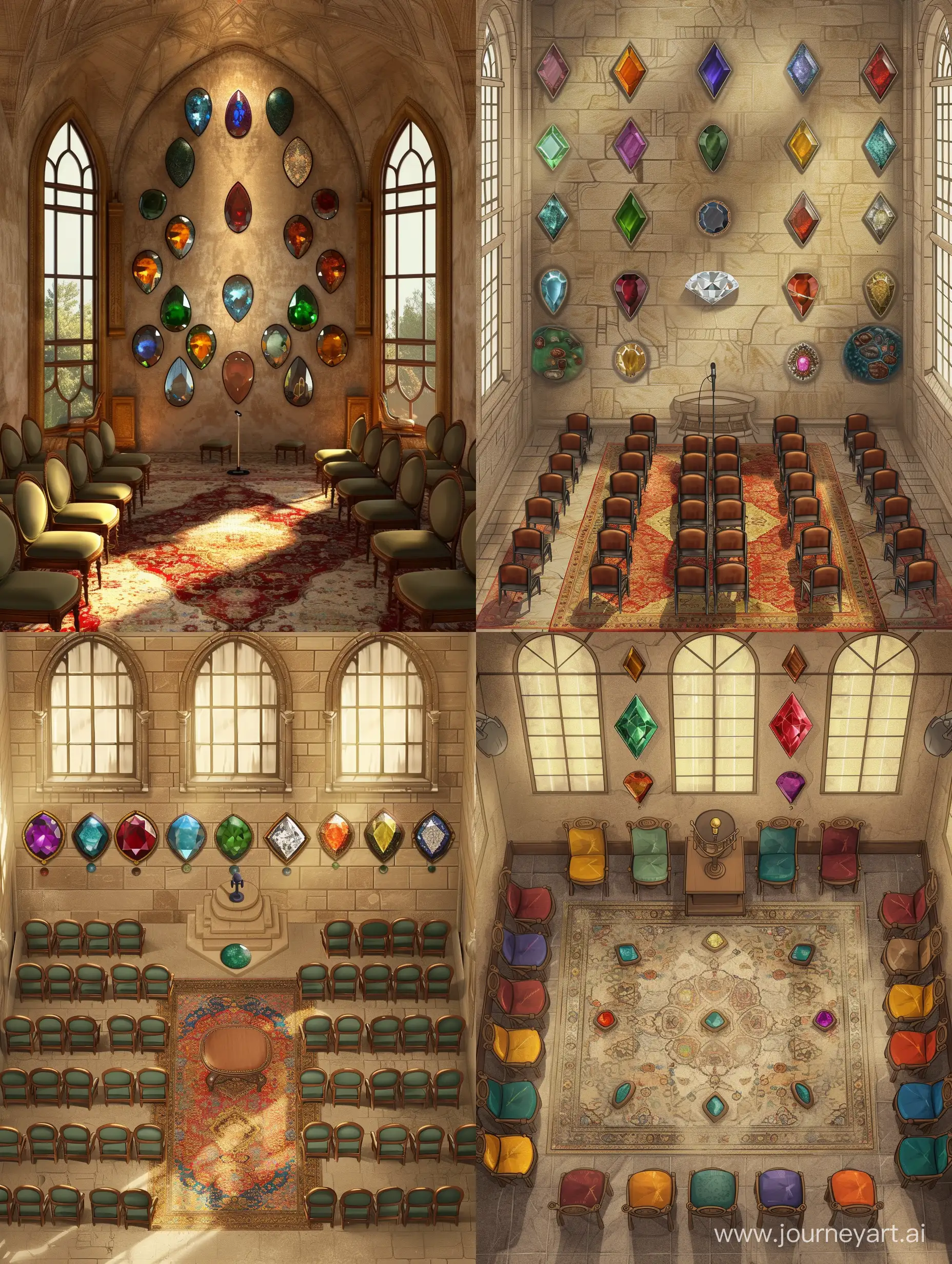 A very nice room of 3x4 ratio with some nice windows and a very nice Persian carpet and 52 nice chairs with a nice arrangement. In the wall of the room are 12 gemstones in the shape of diamond, ruby, emerald, amber, agate, jade, turquoise, agate, lapis lazuli, pearl, and topaz. In the middle of the room is a place with a microphone for talking --v 6 --ar 3:4 --no 80580