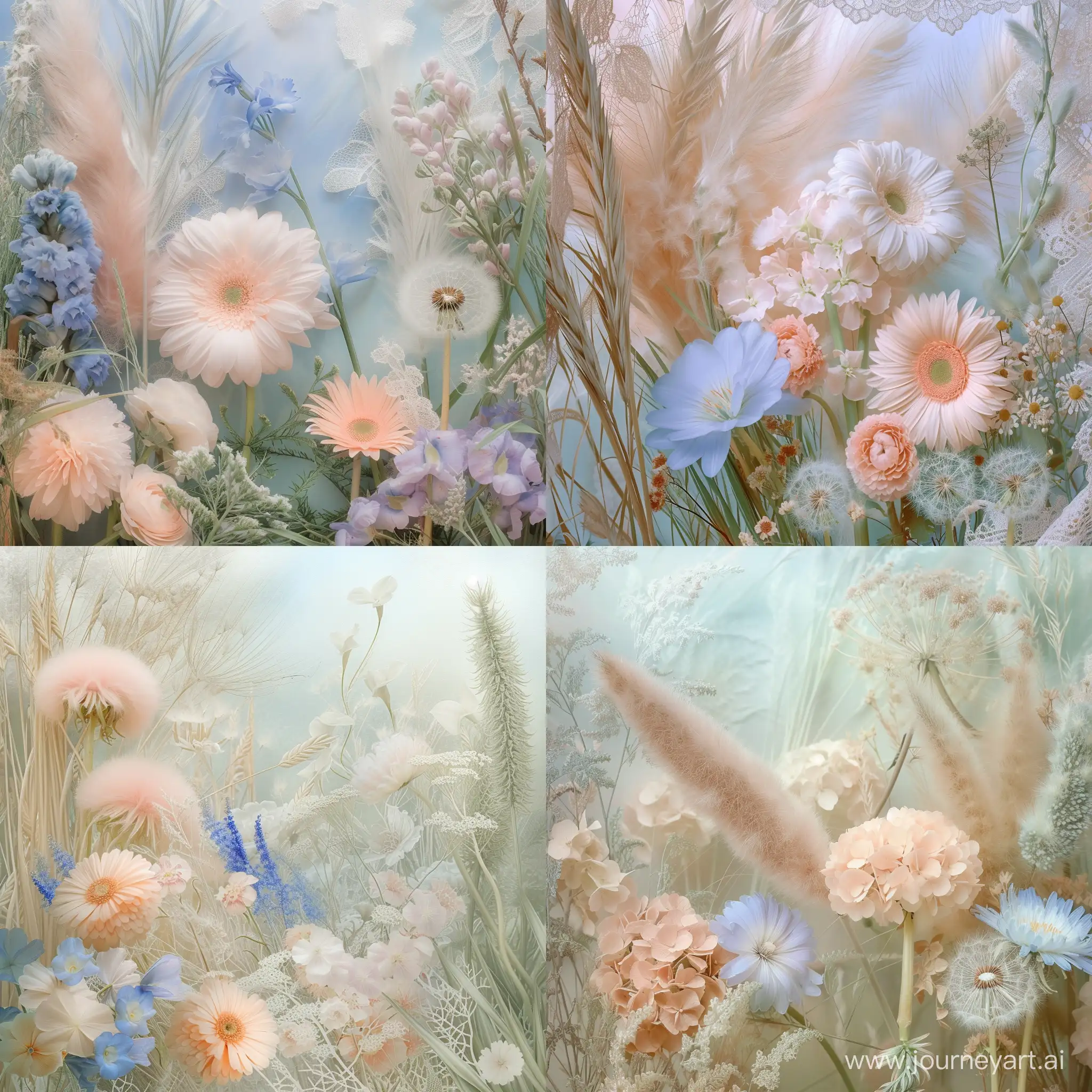 The same effect in the Masterpiece: Delicate floral composition spring, fur, reed, feather grass, delicate cotton, beautiful flowers, delicate pastel, lilac, blue, pink, pale green, delicate garden flowers, mist flower, gerbera, lilac dandelion, white dandelion, high detail, high resolution, pixel processing with high resolution, peach pastel is the most delicate colors beautifully, harmoniously combined with lace moireJesus in the Garden of Eden --v 6 --ar 1:1 --no 43545