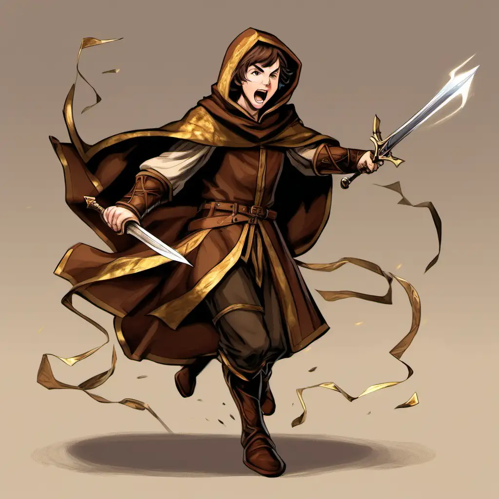 young human bard, short brown hair, brown gold Medieval robe, brown hood, short sword, charging, singing, yelling, battle, day