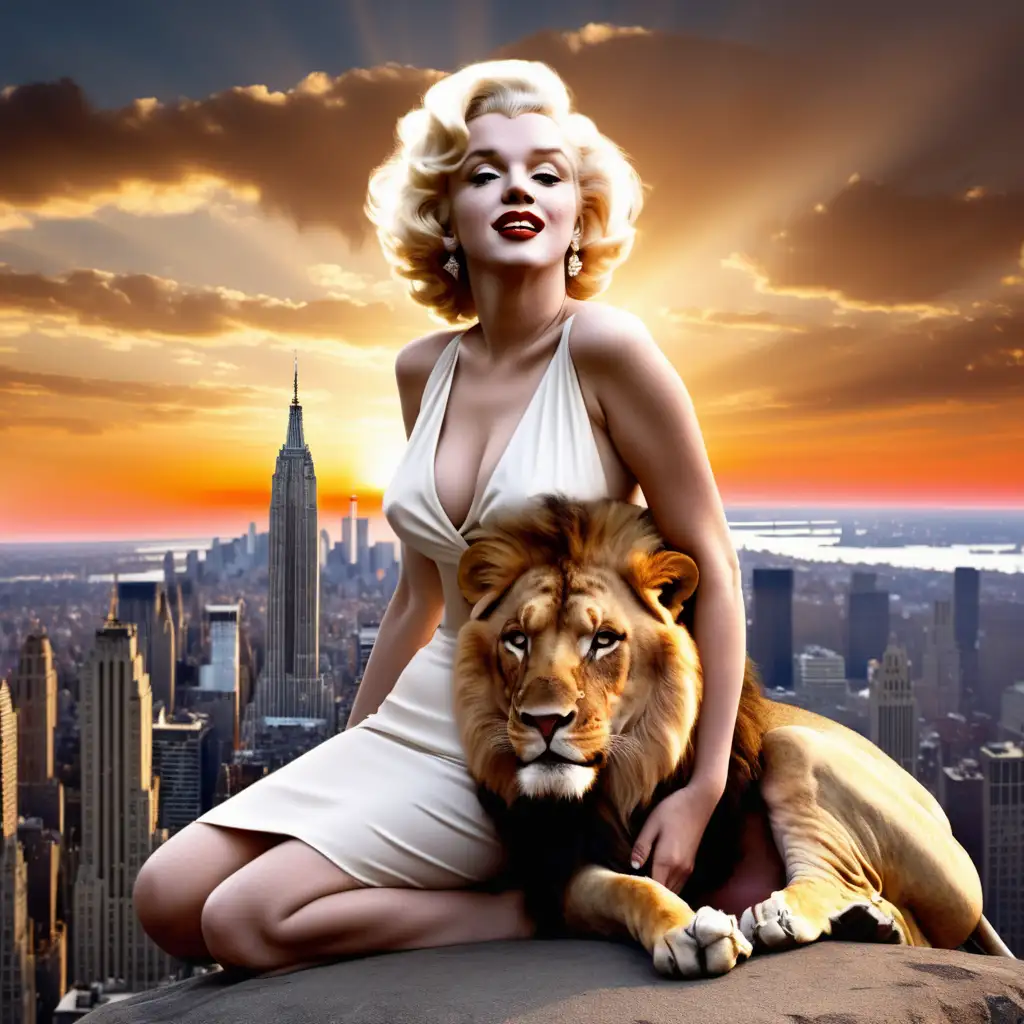 Marilyn Monroe sits on a lion in New York. It's sunset. The sky looks like the universe.