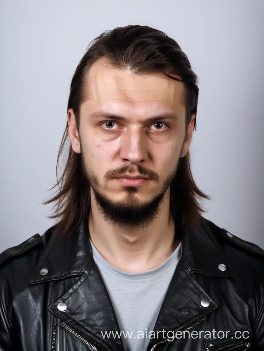 Русский парень 30 лет байкер в чёрной кожаной куртке.  длинными волосами и с очень короткой щетиной (фото паспорт)