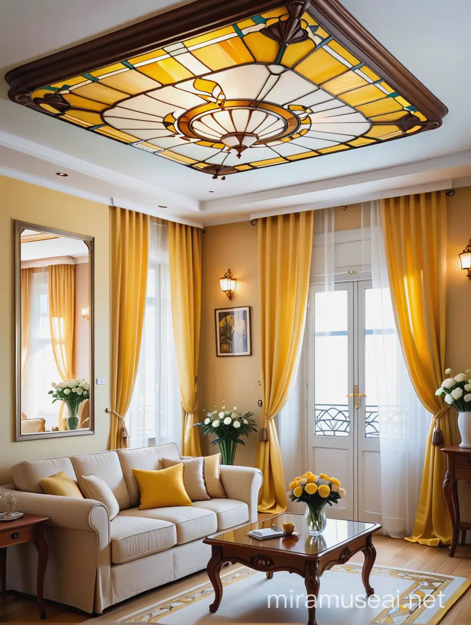 Квадратный потолок в технике тиффани в стиле ар-нуво из желтого,белого  и  бежевого стекла в интерьере гостиной