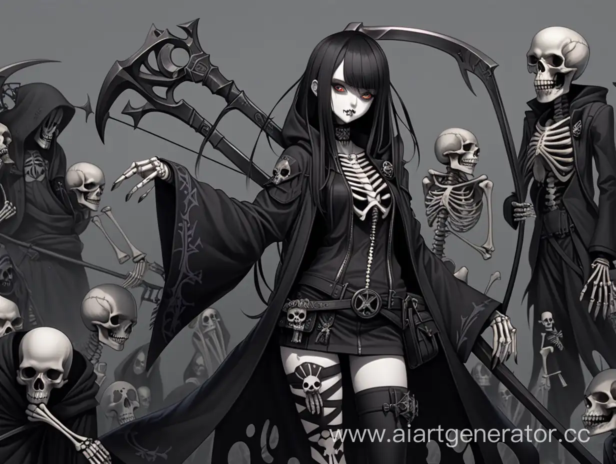 anime girl goth necromancer black and with with scythe and undead army and human bones