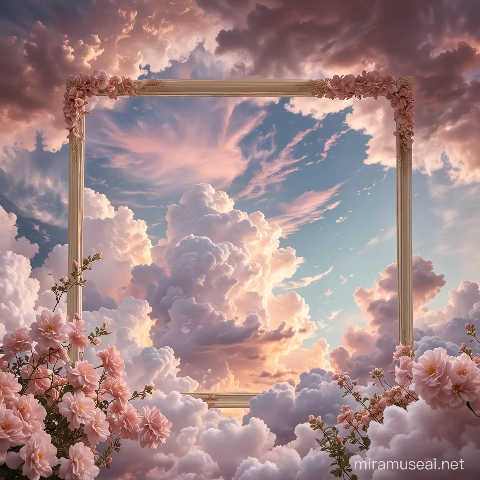 a serene scene where soft, billowing clouds of pastel colors envelop the frame. Amidst these clouds, delicate and velvety flowers float gently, emitting a soft glow. 
