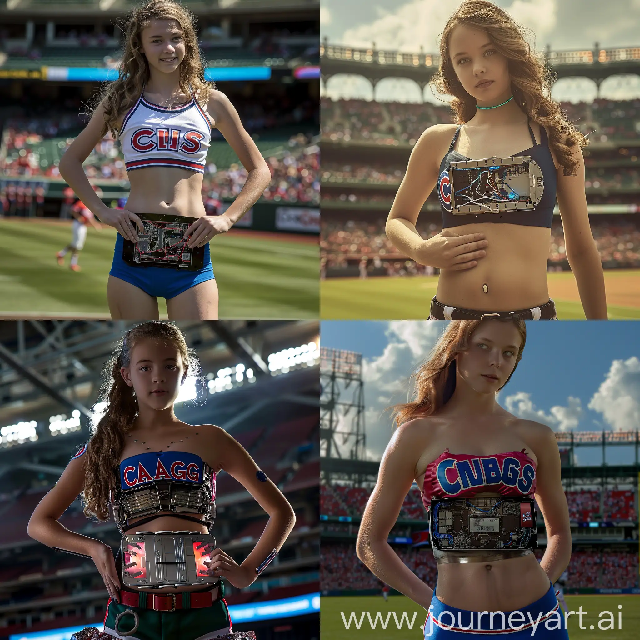 Chicago Cubs 13-14 year old cheerleader, turns out to be a robot, malfunctioning, panel open on her stomach revealing inner circuits