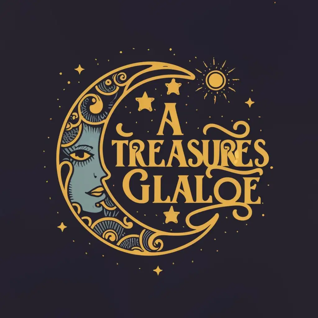 logo, fantasy moon and sun, with the text "A TREASURES GALORE", typography, be used in Retail industry