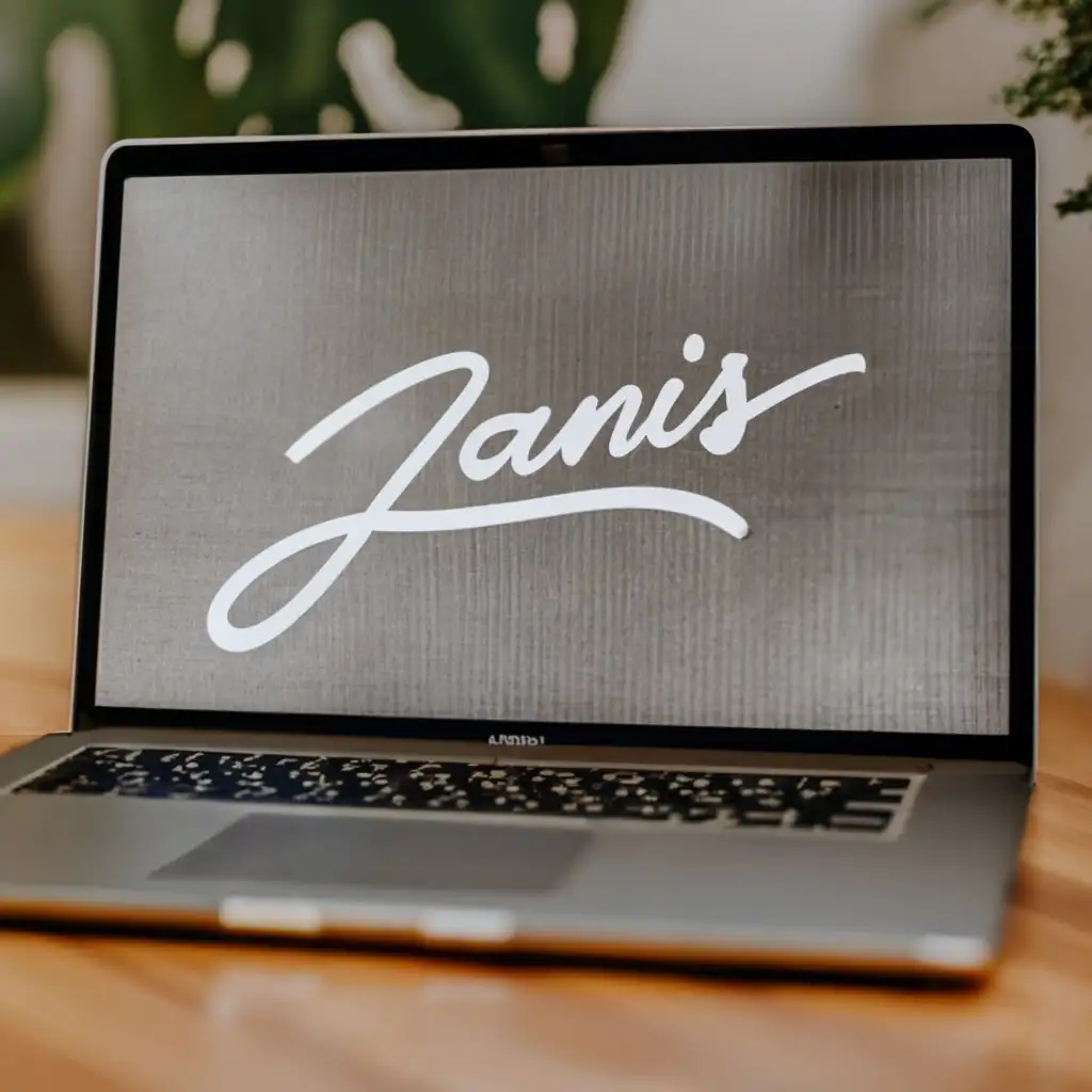 logo, We look at a logo in the background of a laptop on the ground and we have it from the side., with the text " Zanis gallery", typography