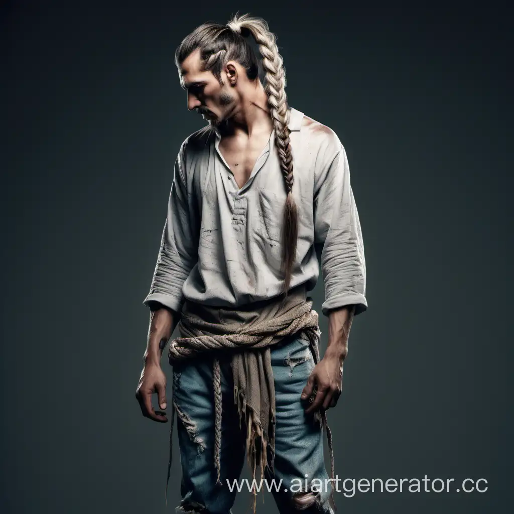 Mysterious-Man-with-Braided-Ponytail-and-Tattered-Attire-Standing-Tall