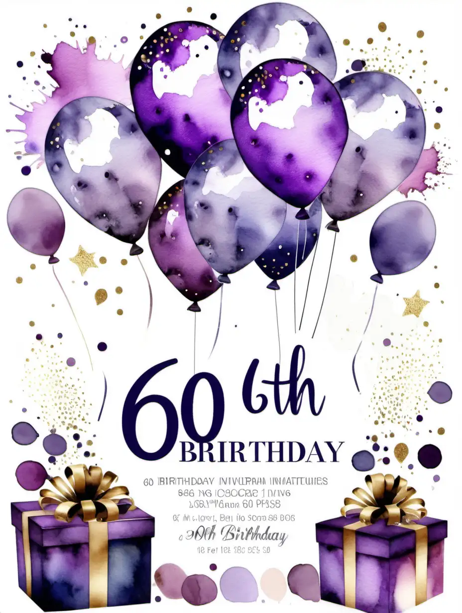 60th birthday invitation for a woman, purple watercolors with balloons, glitter and gifts, isolated on a white background