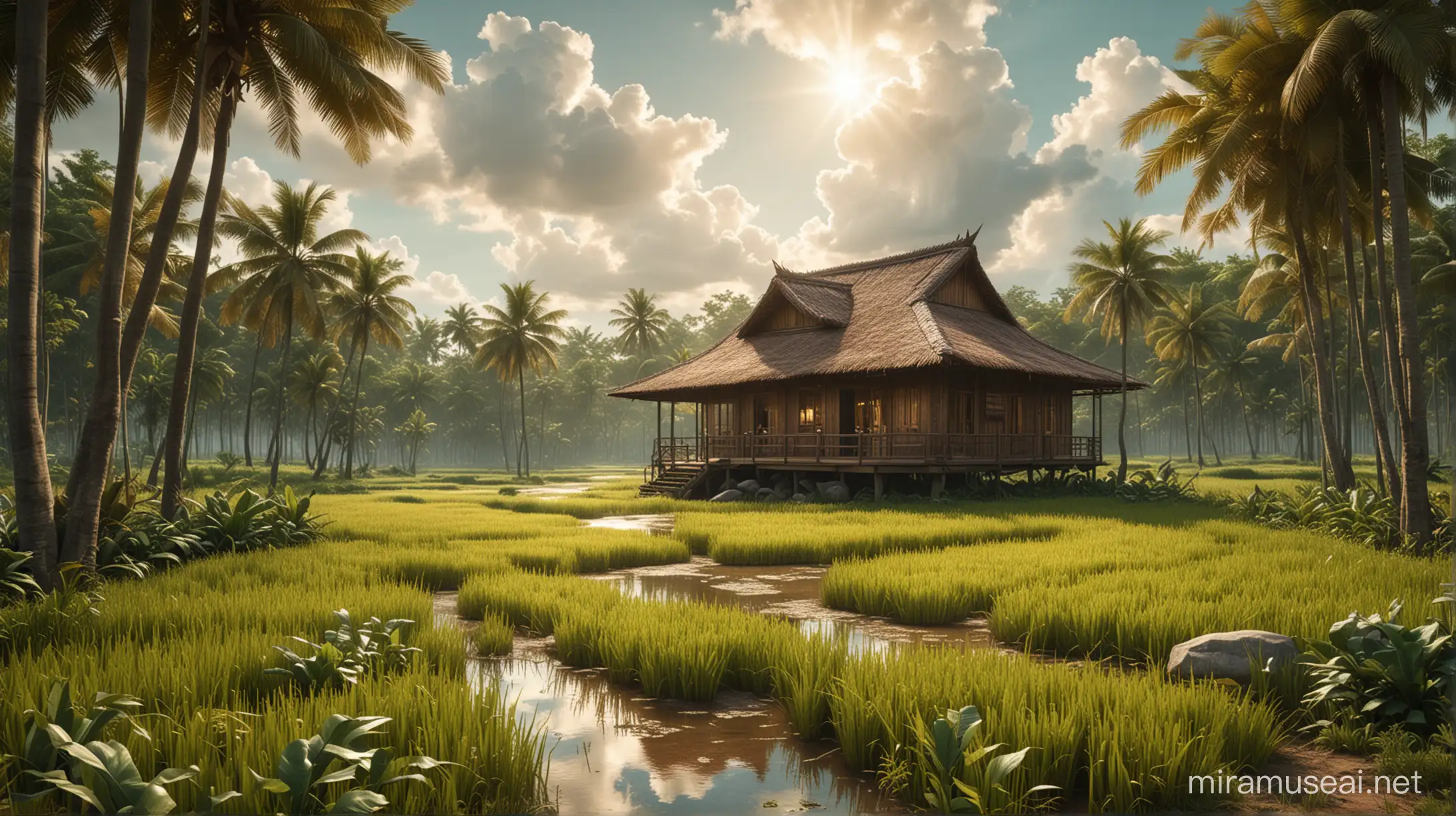 /imagine prompt: hyperrealistic HDR photo, very extreme close up wide view, an old realistic wooden house in the middle of a rice paddy field, with wooden walls, a rusty zinc roof, a very detailed design, highly detailed, a green yellow rice field, there are shady coconut trees on the side, leaves blowing in the wind, a dirt road in front, a calm and peaceful atmosphere, the wind blowing in the breeze, dry leaves flying and falling, perfect light, puffy clouds and , contemporary architecture, 3d, realistic, 32k, crepuscular rays, anna_dittmann, anne bachelier, 16 bit, alcohol ink, 3d printed, architectural photography, forest background, river background, Casual wear, businessman, asian, 1940s, cabin --v 5