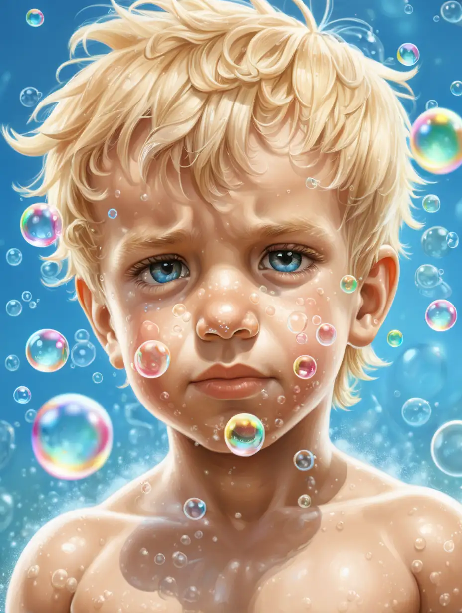 blonde haired little boy with sudsy bubbles on his hair and nose