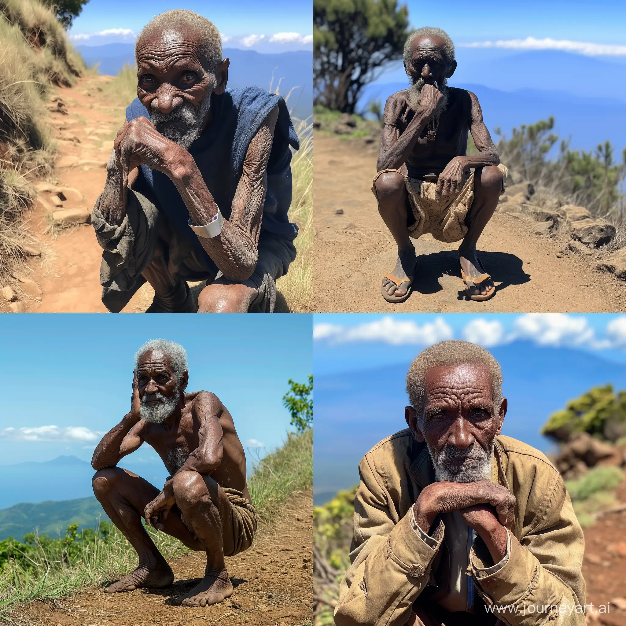 Elderly-African-Man-Contemplating-on-a-Sunny-Hiking-Trail-with-Blue-Hazy-Mountains