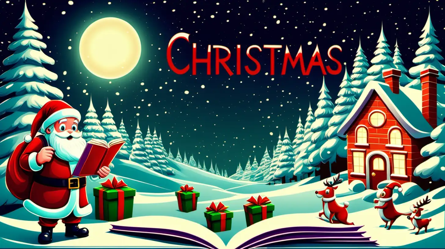 Cartoon christmas scene with Santa. Book cover style. Text christmas adventure 