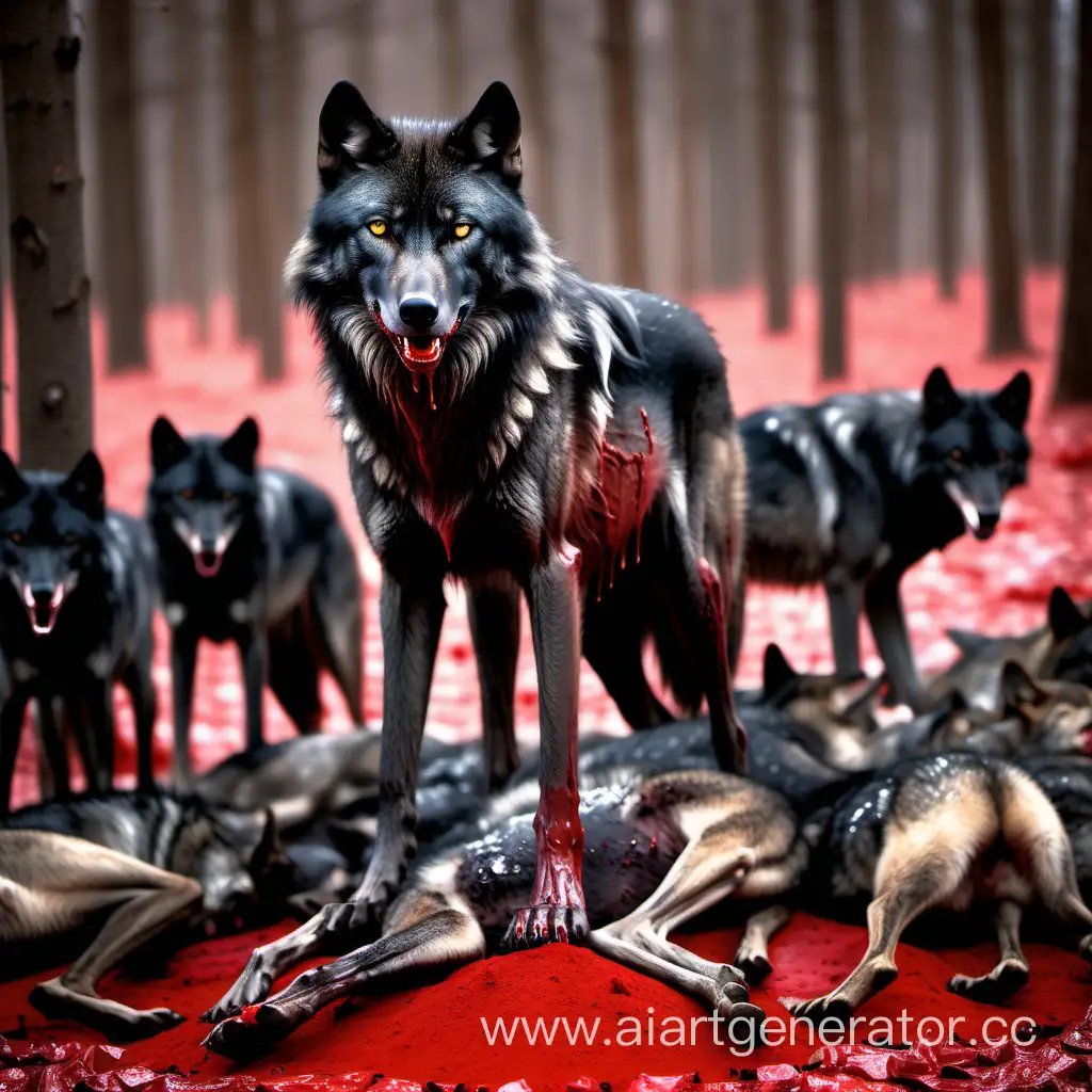 Красивый чёрный волк стоит на телах других волков весь в крови
