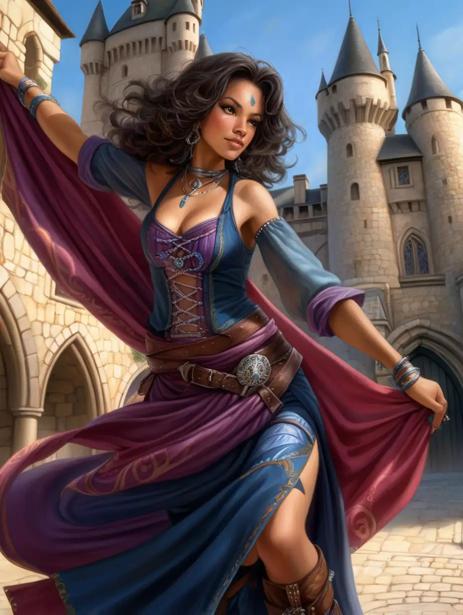 Latino dommmie mommies with dark wavy hair,  a rogue and and a a fighter, she wears ren faire silken dancing scarves to hide her many  subtle weapons as she boldly dances at the castle gates 