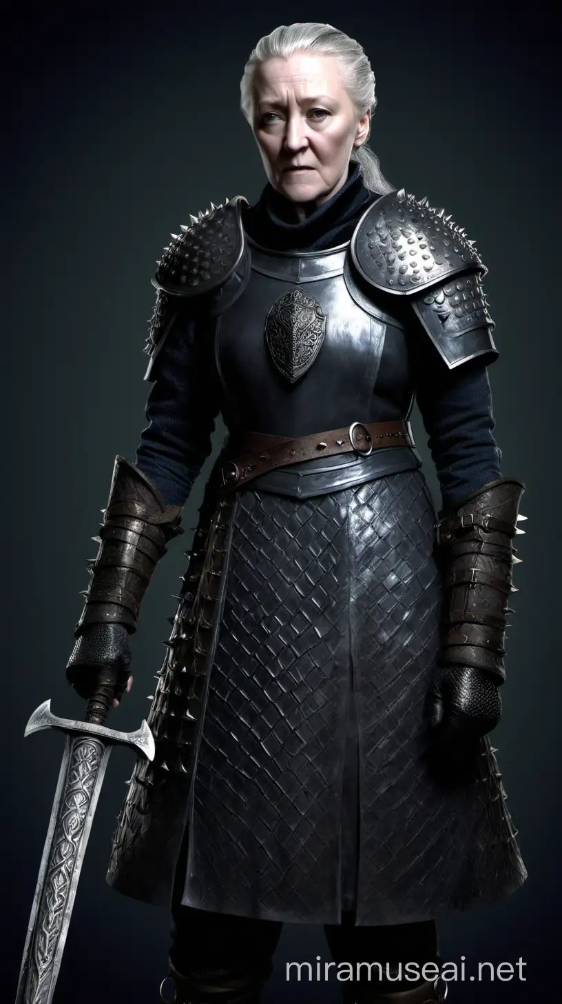 Maege Mormont is a old grey-haired woman, and a fierce warrior. She dresses in patched ringmail, and her favored weapon is a spiked mace.