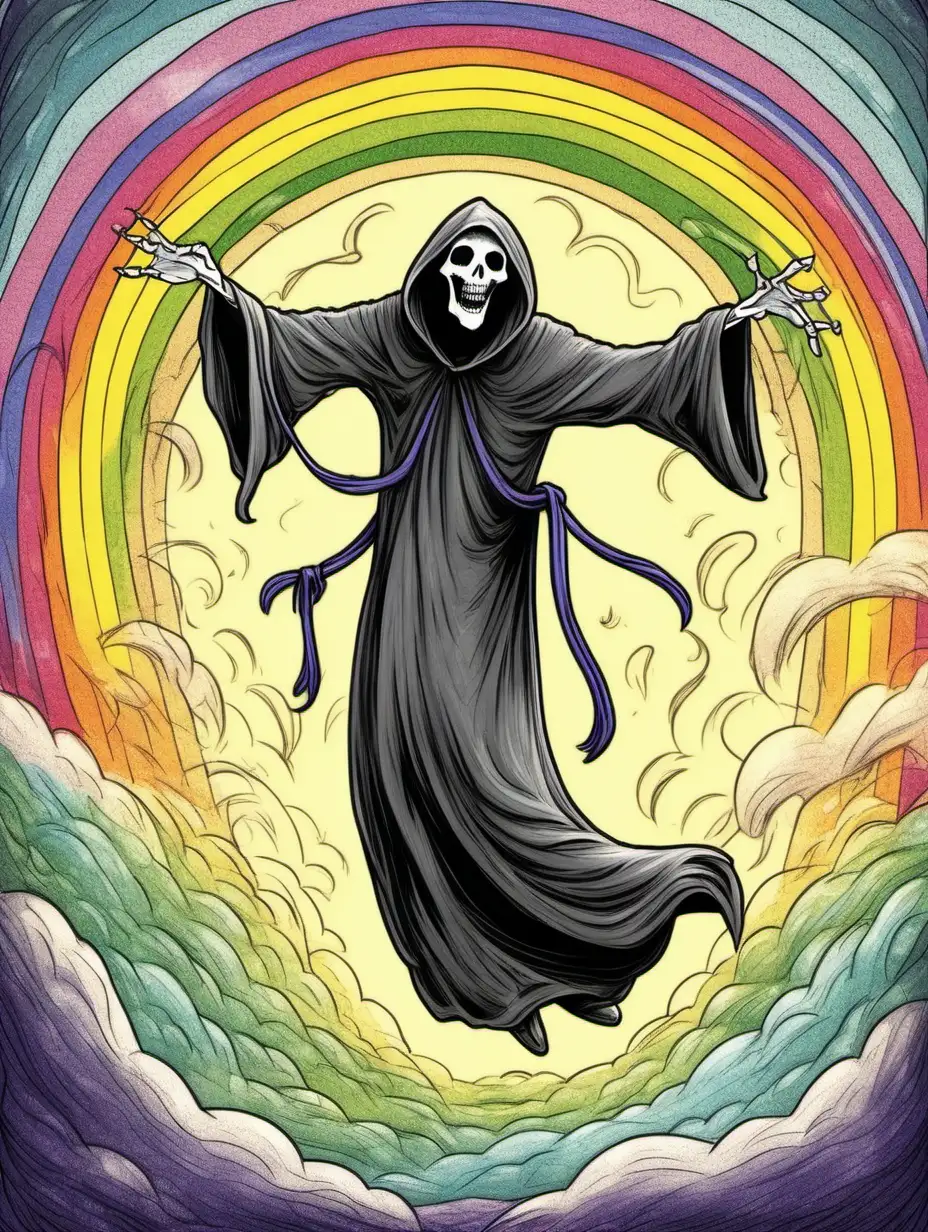 a hand drawn happygrim reaper dances in front of a rainbow