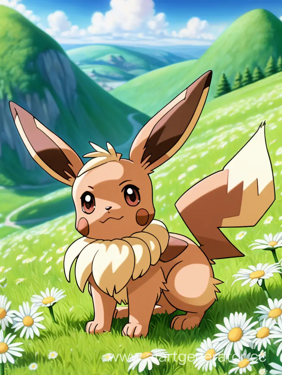 Eevee-Anime-Pokemon-Sitting-on-Flower-Hill-amidst-Daisy-Flowers