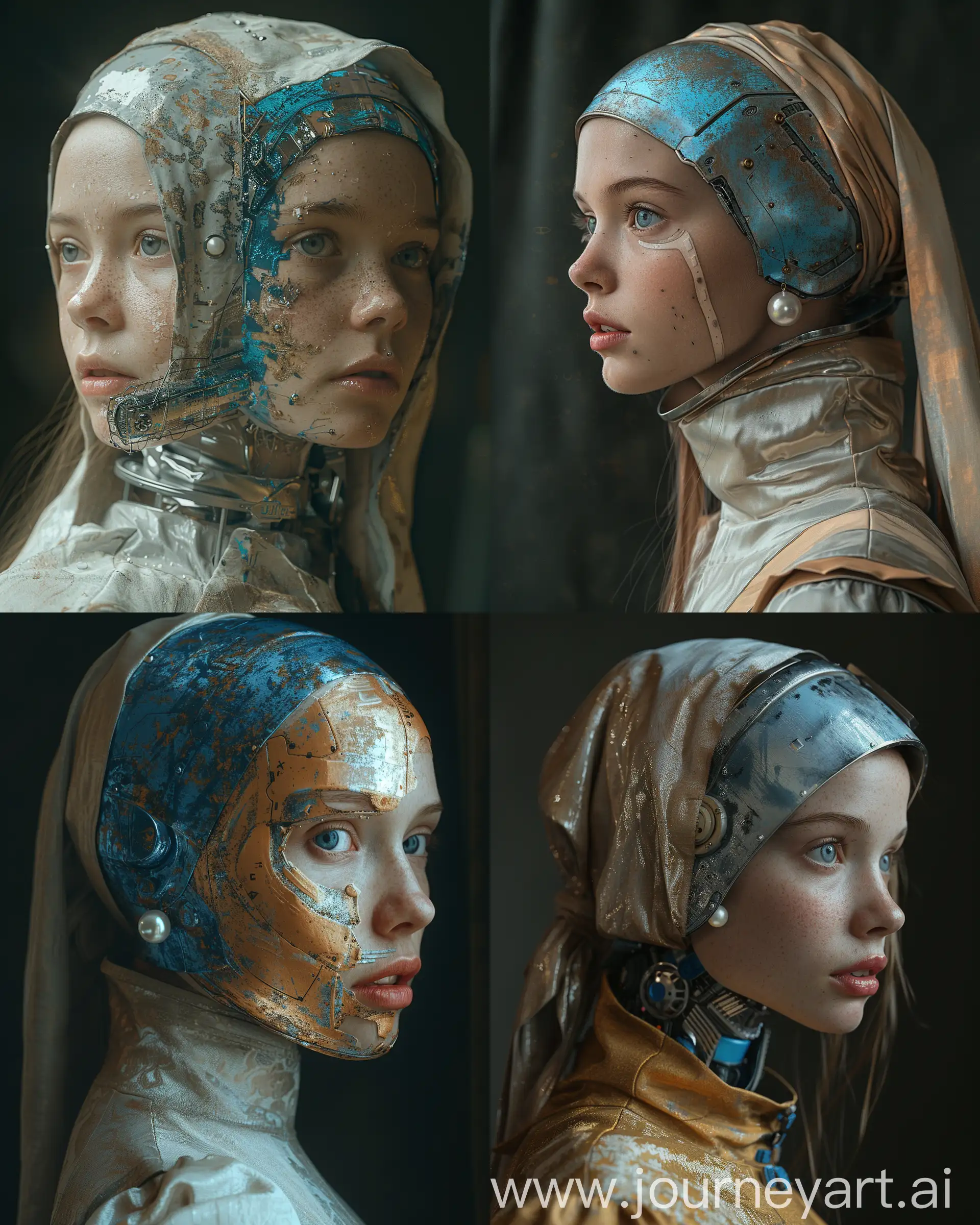 portrait of the girl with the pearl earring, inspired by vermeer's classic artwork of the girl with the pearl earring, reimagined as a cyborg, robot,  half the face is android, creating a hyperpunk scene with metal and blue details, --ar 4:5 --s 850