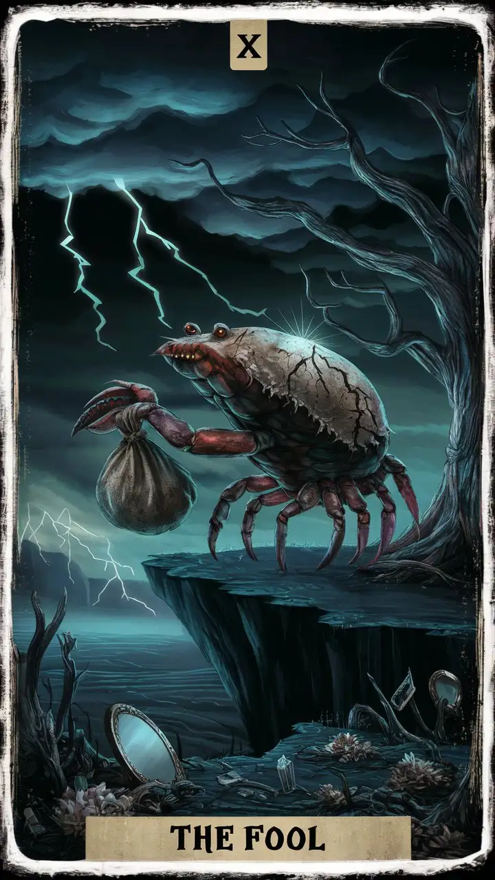 Generate an image resembling a tarot card, depicting a haunting scene of a crab embodying the Fool tarot card. The card should have a dark, aged appearance, with distressed edges and ornate border details. In the center, a crab stands on the precipice of a cliff, its shell cracked and weathered, emitting an eerie glow against the backdrop of a desolate landscape. The crab's eyes are hollow and devoid of emotion, adding to the sense of dread. It clutches a tattered sack in one claw, symbolizing the burdens of folly and ignorance. The sky above is ominous, with storm clouds brewing and jagged lightning bolts illuminating the scene. Twisted trees with gnarled branches frame the edges of the card, casting sinister shadows across the barren terrain. Symbolic elements such as broken mirrors, shattered glass, and wilted flowers are scattered throughout the foreground, adding to the unsettling atmosphere. The overall style should evoke a sense of foreboding and existential terror, encapsulating the essence of the Fool tarot card within a grim and frightening tarot card design.