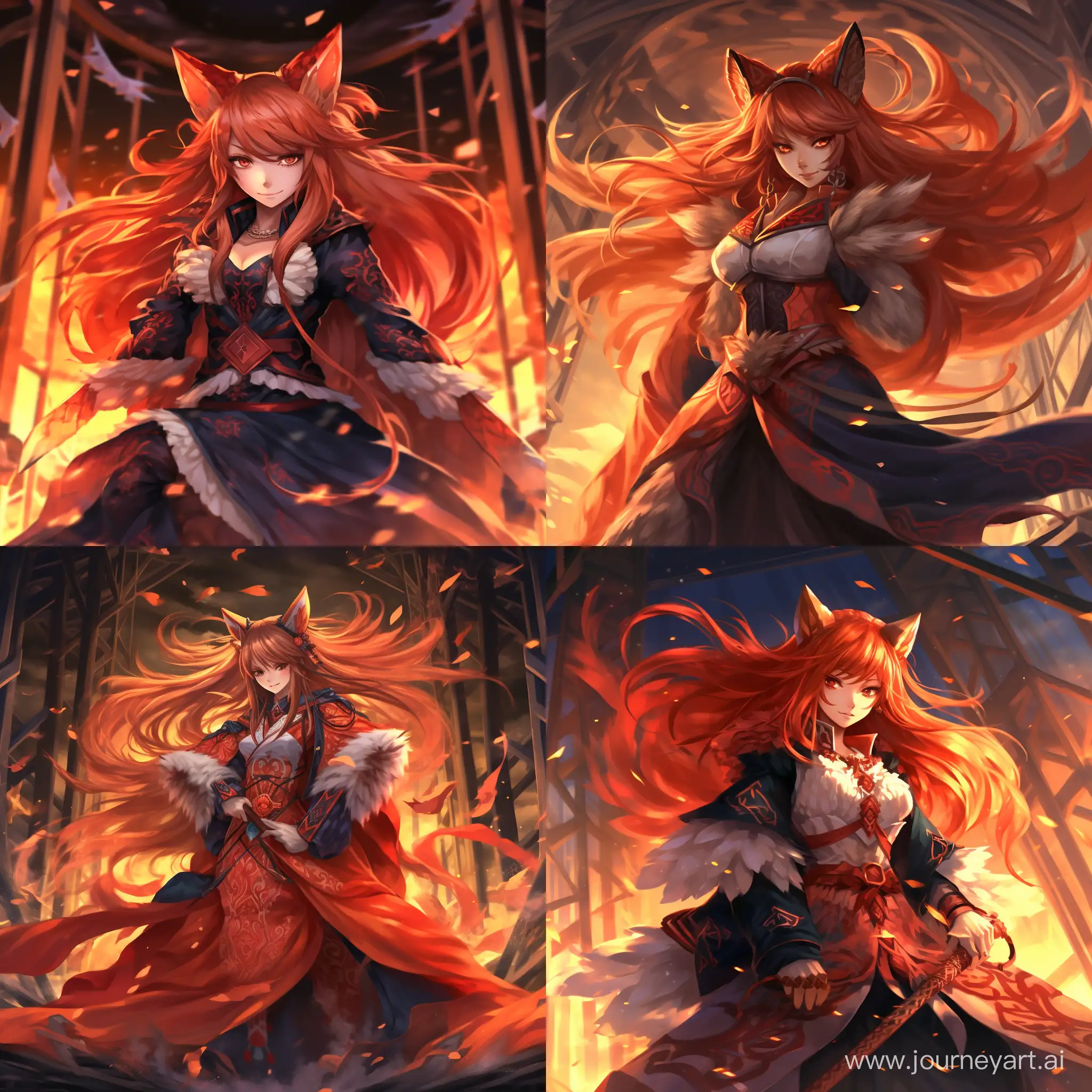 anime style, full body, athletic, beautiful, large breasted, tan skin, kitsune woman, long fiery red hair, red fox ears, fluffy red fox tail, fiery red eyes, wearing a red and black kimono, casting fire magic, surrounded by fire, high detail, no human ears, good anatomy, dynamic, 4k, lots of embers falling in foreground, hands wrapped in fire, empty hands, slim waist, crazy, pyromaniac, long black elbow gloves