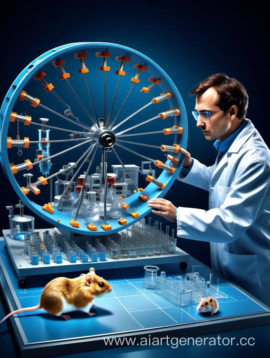 A super realistic image of a physicist scientist, a scientist conducts experiments watching a hamster running around in a wheel. The scientist is in an advanced laboratory with nano technologies, there are many new devices and equipment around the scientist. The image is dominated by shades of blue