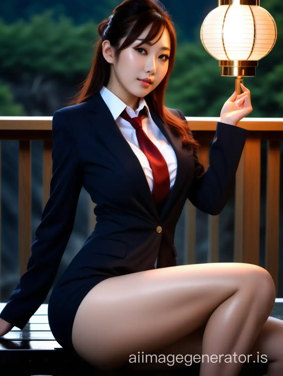A glamorous and intelligent good looking japonica woman elegantly tight office suits with stocking lying on the sunset lamp onsen, perfect glamour, powerful sharp abs, beautiful legs, maximum breasts, hyperrealism, 8K UHD, realistic skin texture, imperfect skin, shot with Canon EOS 5D Mark IV, highly detailed, masterpiece, full body in image.