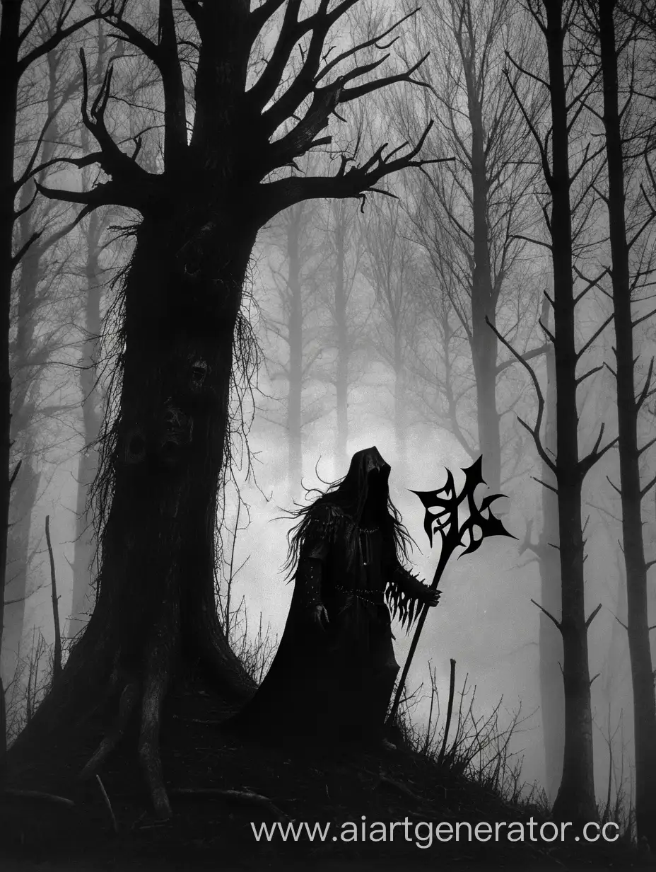 black metal, begotten, depressive suicidal black metal album logo, urfaust style, woods dark, side view, black metal cover, висельник, medieval