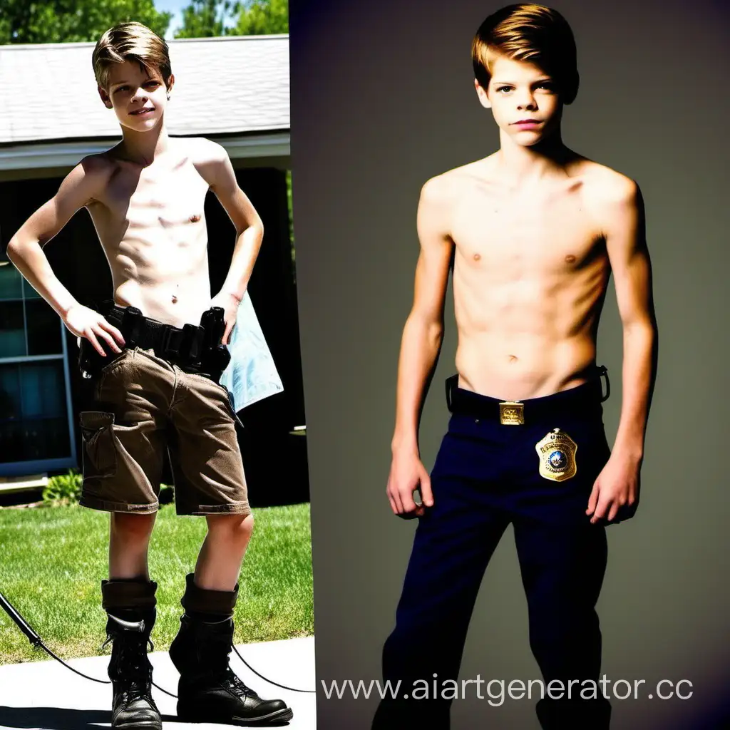 cute colin ford officer shirtless, in full length
